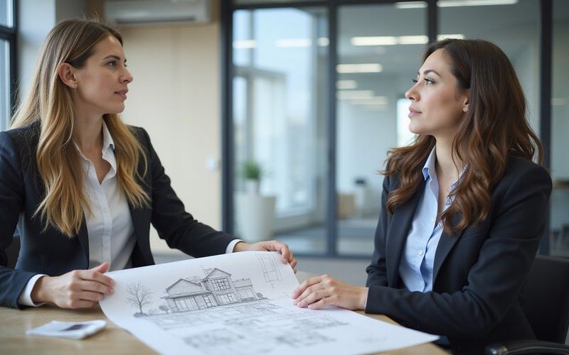 Business meeting discussing expansion plans with architectural blueprints, long-term planning concep