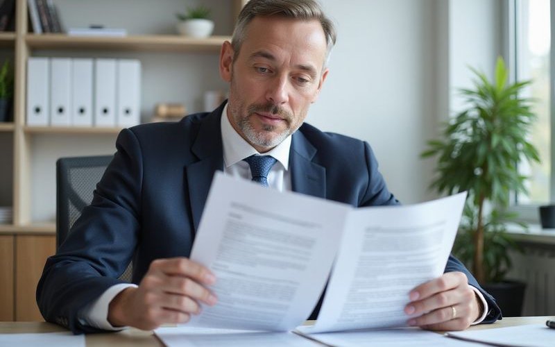 Business owner at desk comparing two loan documents side by side, decision-making concept, professio