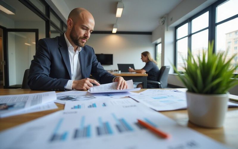 Business owner at desk surrounded by financing brochures and documents, exploring options concept, p