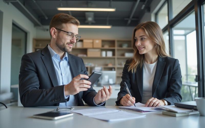 Business owner checking available credit line balance on banking app, flexible financing access, mod