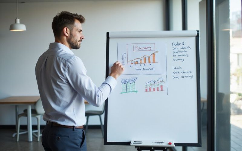 Business owner creating financial improvement plan on whiteboard, strategic planning session, recove