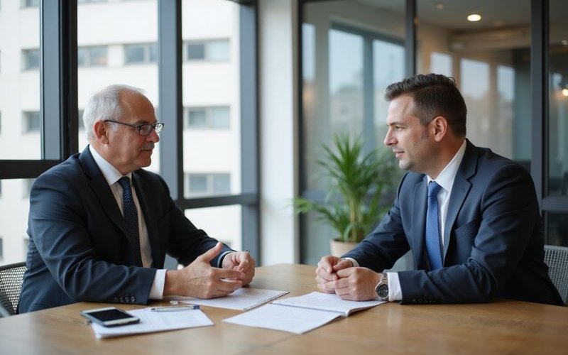 Business owner negotiating loan terms with banker, flexible financing discussion, professional meeti