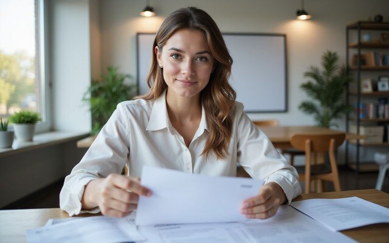 Business owner organizing financial documents for loan application, home office setting, authentic l