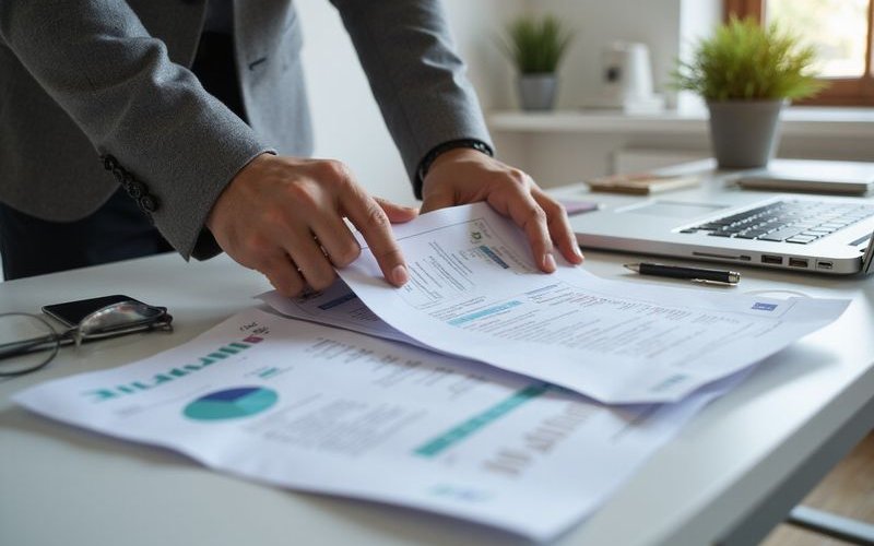 Business owner organizing separate financial documents, personal and business finances divided, prof