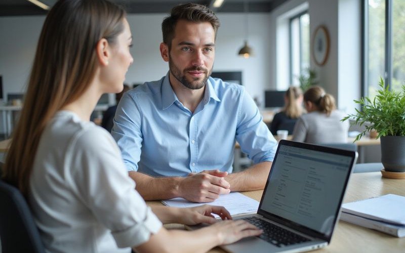 Business owner reviewing application requirements on laptop, compliance verification concept, profes