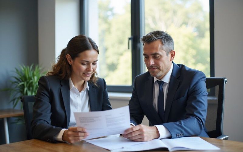 Business owner reviewing credit report with financial advisor, analyzing credit improvement strategi