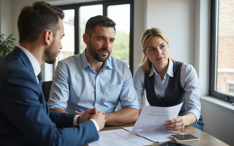 Business owner reviewing equipment financing documents with accountant, discussing tax implications,
