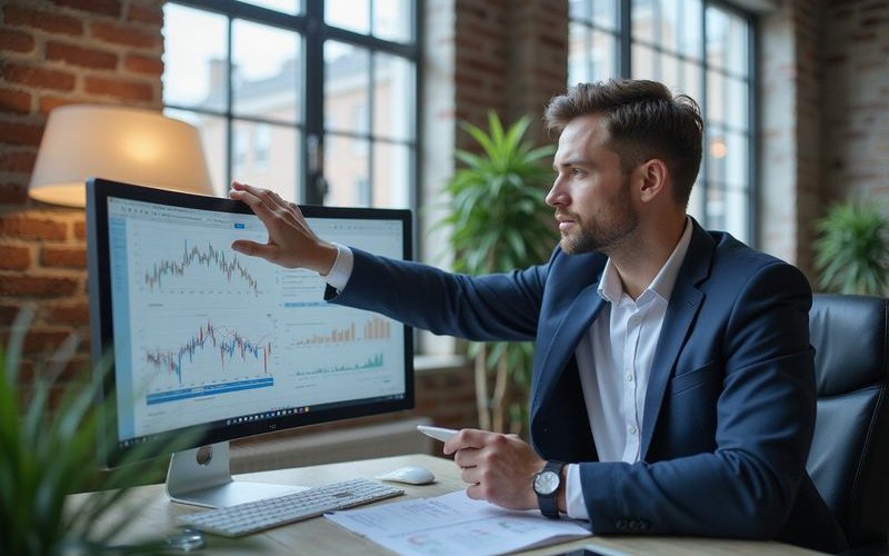 Business owner reviewing financial charts and graphs on computer screen, analyzing business performa