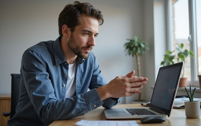 Business owner reviewing financial options on computer after bank denial, determined expression, exp