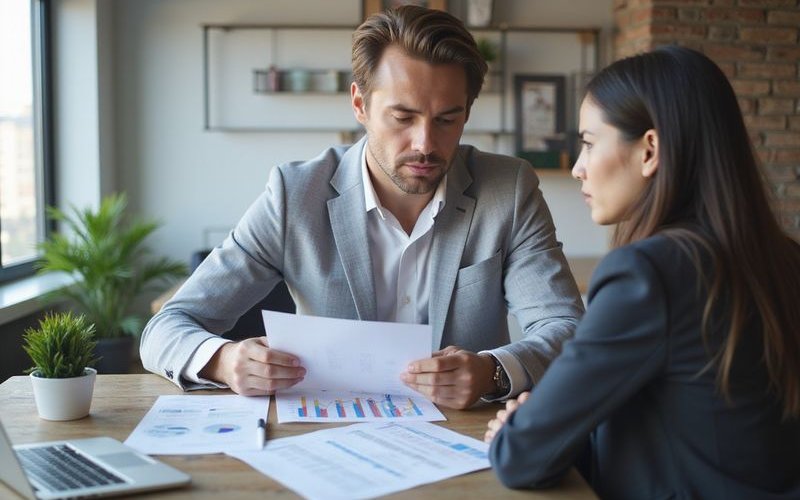 Business owner reviewing financing documents with laptop showing comparison charts, professional off