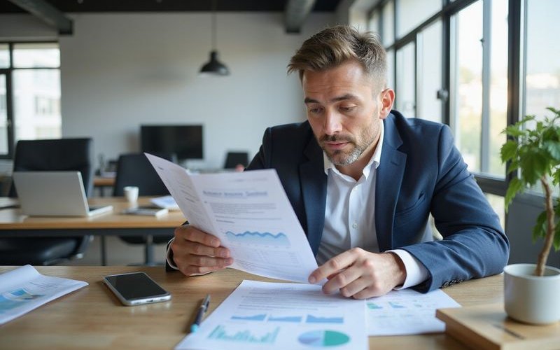 Business owner reviewing healthy financial reports with relief, positive turnaround, professional ph