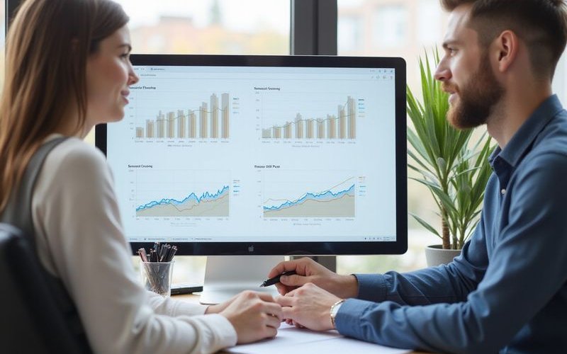 Business owner reviewing seasonal cash flow projections on computer, financial planning charts showi