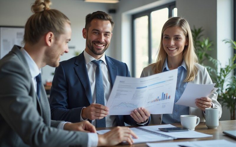 Business owner reviewing successful quarterly reports, celebrating business growth, positive profess