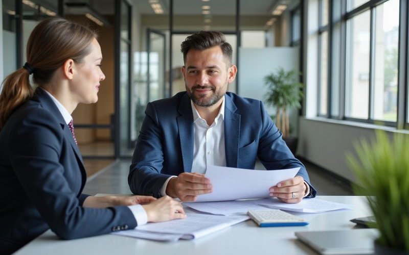 Business owner reviewing used equipment documentation with lender, examining maintenance records and