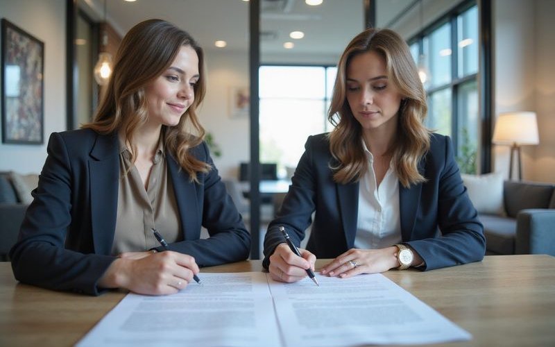 Business owner signing loan closing documents at bank, professional loan closing meeting, official p