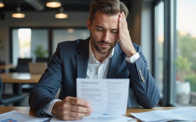 Business owner stressed over cash flow issues, reviewing bills and invoices, authentic office enviro