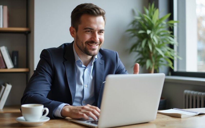 Business owner successfully managing cash flow with laptop and coffee, positive productive atmospher