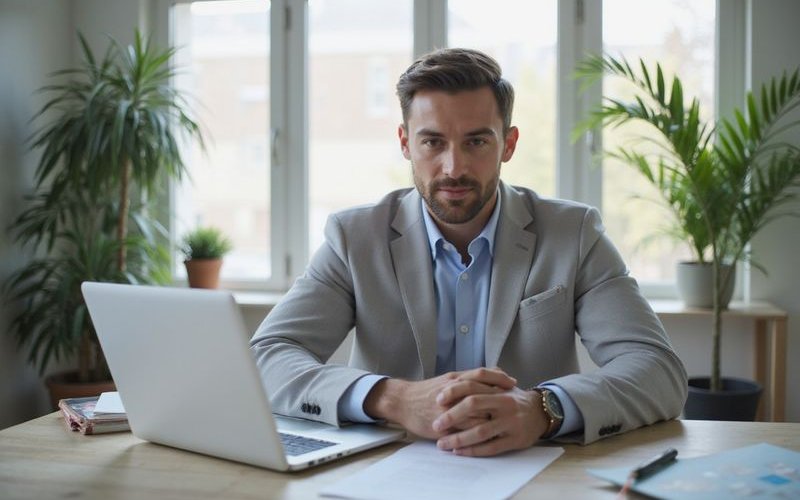 Business owner using laptop to check funding approval, modern home office setup, professional lifest