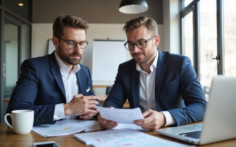 Business owner weighing financing options with financial documents, thoughtful decision-making proce