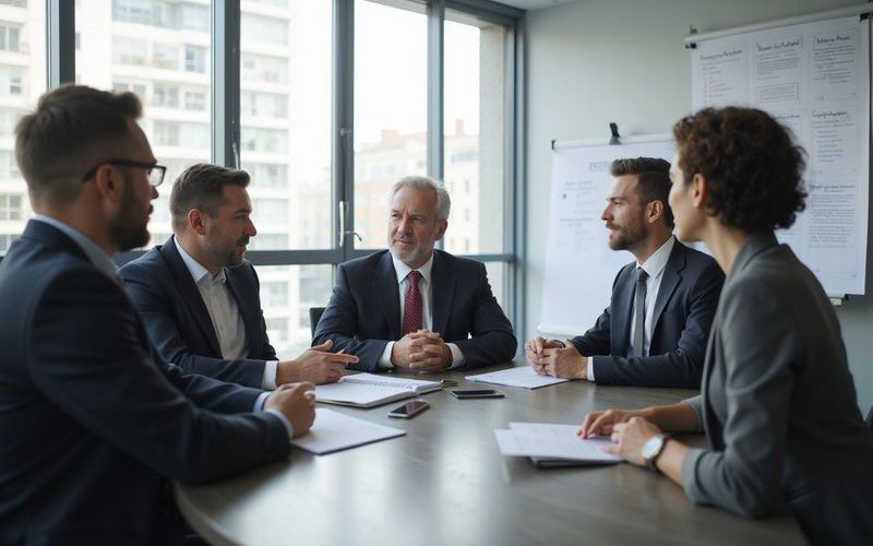 Business owners from different industries discussing financing options at round table conference, di