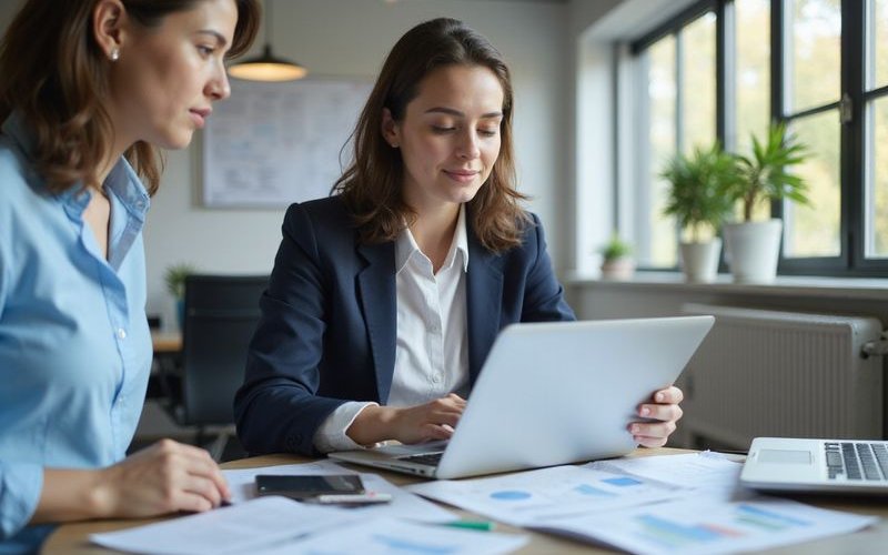 Business professional reviewing cash flow projections on laptop in modern office, financial planning