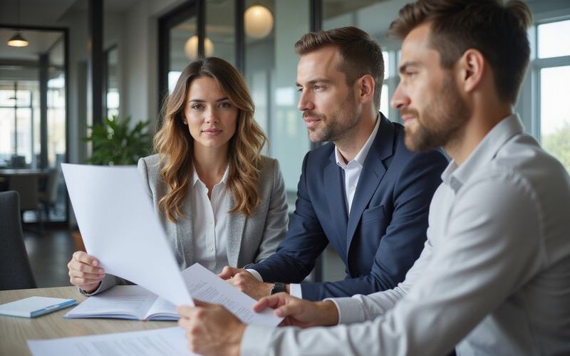 Business professionals reviewing loan documents in corporate Dallas office, collaborative meeting, p