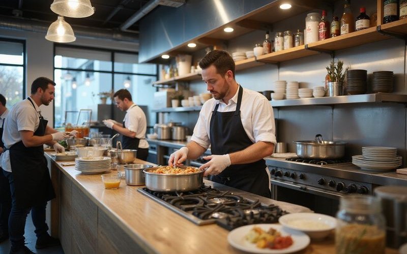 Busy restaurant kitchen during peak hours, staff preparing orders, active food service environment s