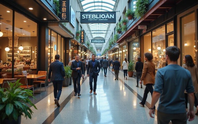 Busy retail shopping district with various storefronts including restaurants and shops, active comme