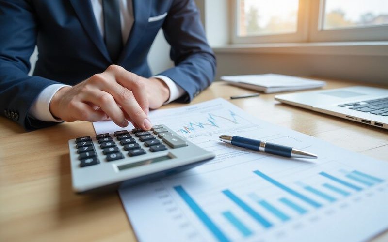 Calculator displaying loan calculations with pen and financial documents, clean office desk setup