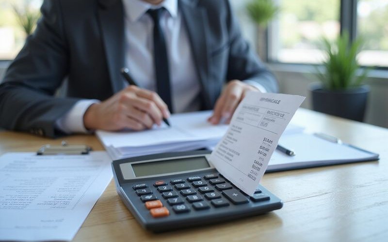 Calculator displaying payment calculations with equipment purchase documents, comparing loan and lea