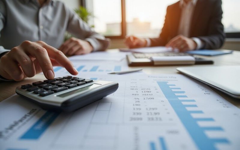 Calculator showing loan payment comparisons, financial planning spreadsheet, business financing calc