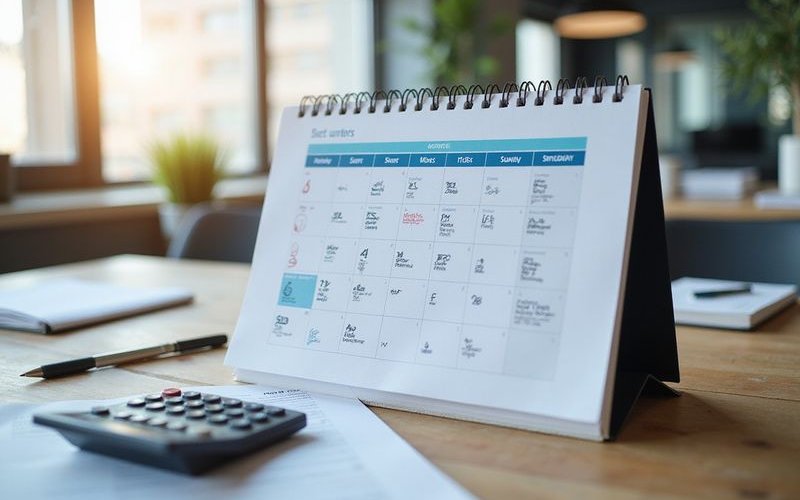 Calendar with financial planning notes and calculator, strategic timing concept, organized business 