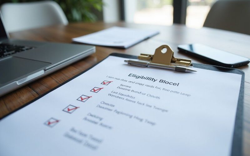 Checklist document with checkboxes and pen, eligibility assessment paperwork, professional documenta