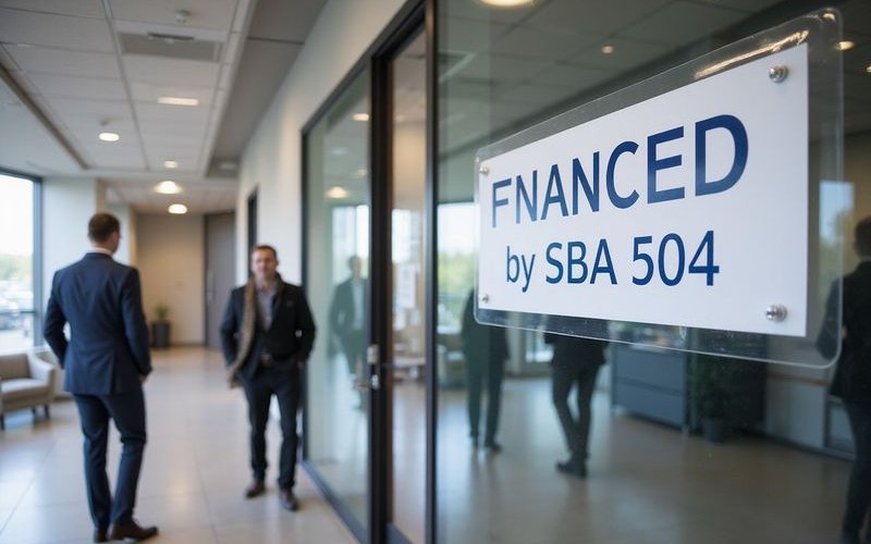 Commercial building with Financed by SBA 504 sign, real estate development project, business property