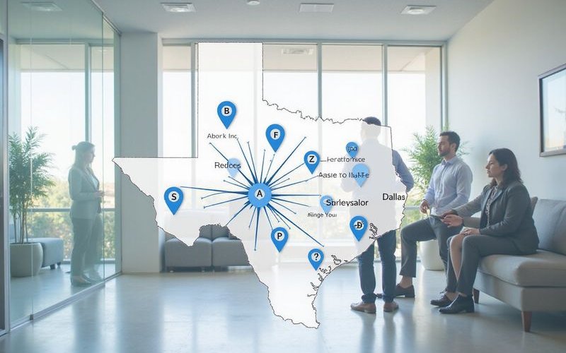 Dallas-Fort Worth metroplex map showing service area coverage, modern infographic style with city ma