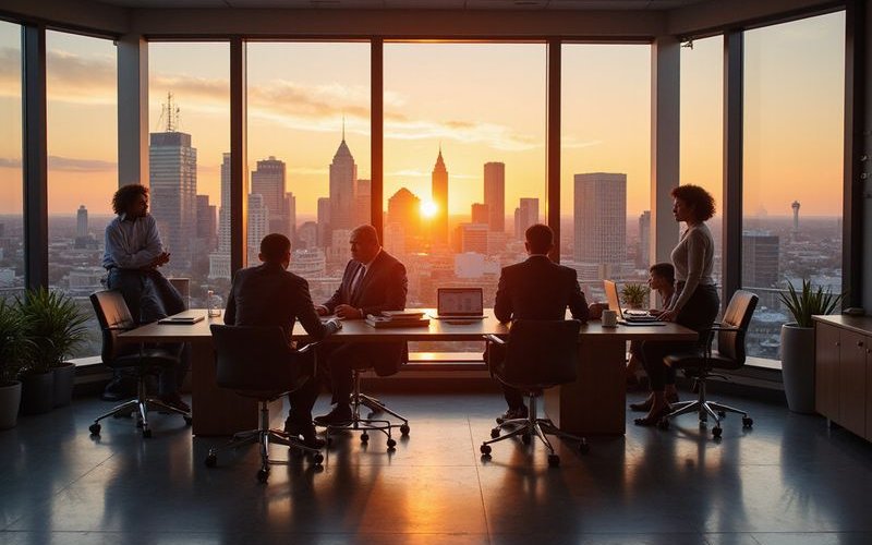 Dallas skyline at sunset with modern skyscrapers, iconic Reunion Tower visible, professional citysca