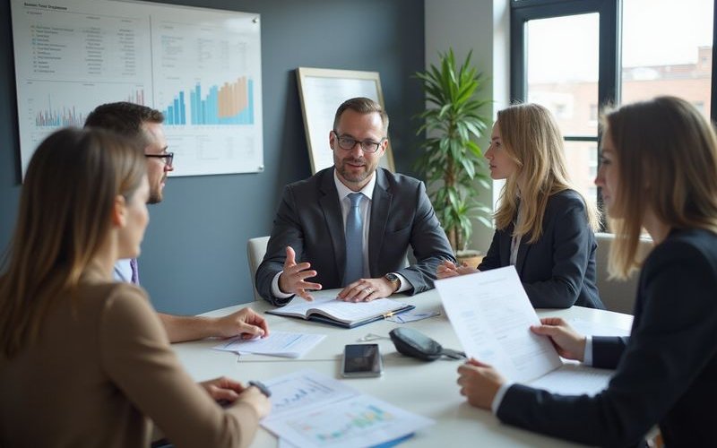 Financial advisor explaining equipment financing options with charts and documents, professional mee