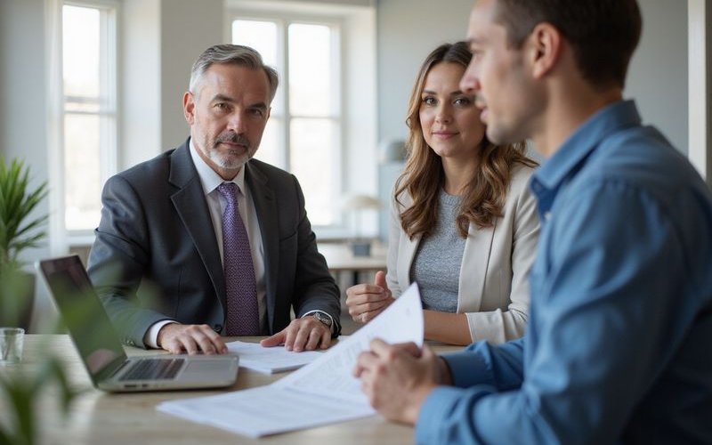 Financial advisor explaining loan terms to business owner, professional office environment, collabor