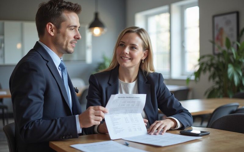 Financial advisor explaining merchant cash advance terms to business owner, documents showing paymen