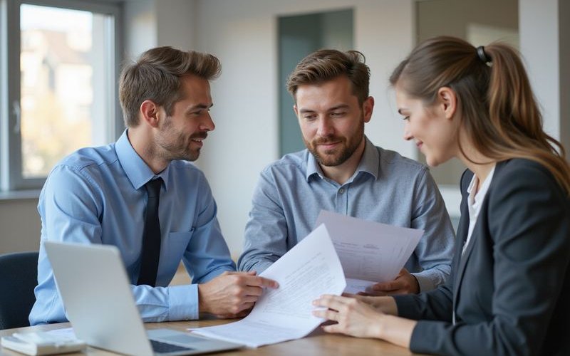 Financial advisor reviewing loan application with business owner, professional office setting, docum