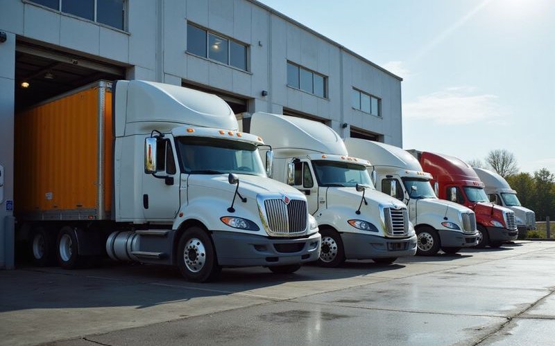 Fleet of commercial trucks at loading dock, transportation company operations, professional logistic