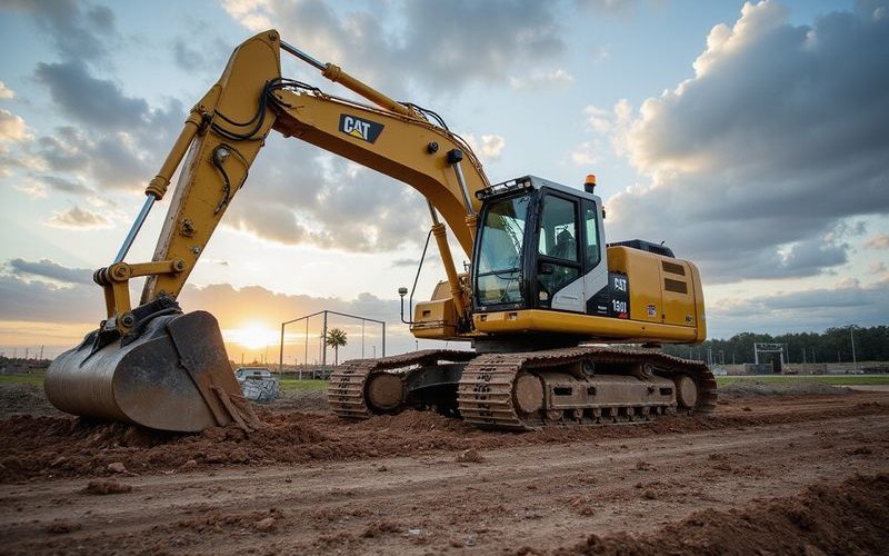 Heavy construction equipment working at Dallas development site, modern excavator in action, profess