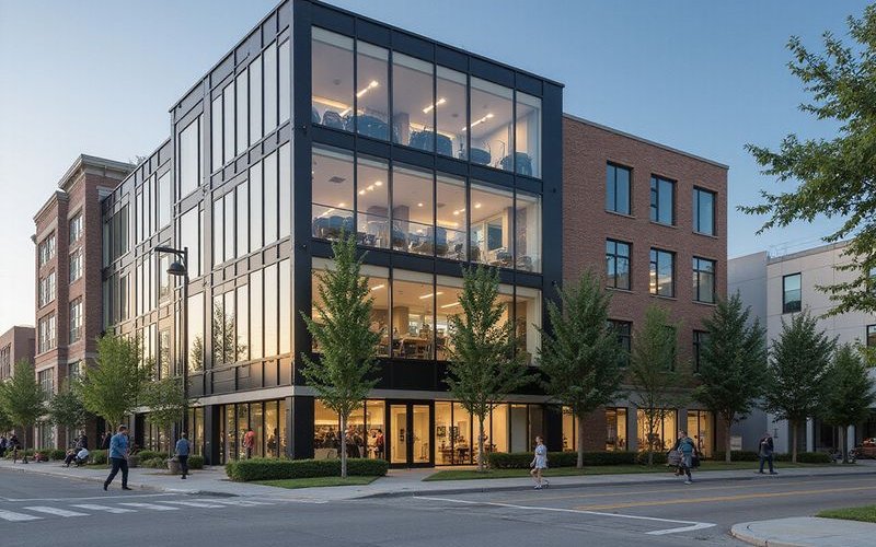 Modern commercial building exterior in Dallas business district, architectural photography, professi