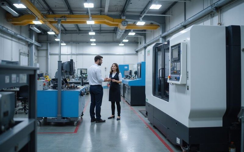Modern manufacturing facility with CNC equipment, clean industrial environment, professional factory