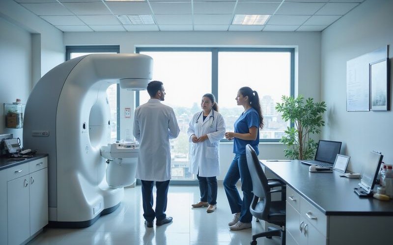 Modern medical facility with diagnostic imaging equipment, healthcare professionals discussing equip