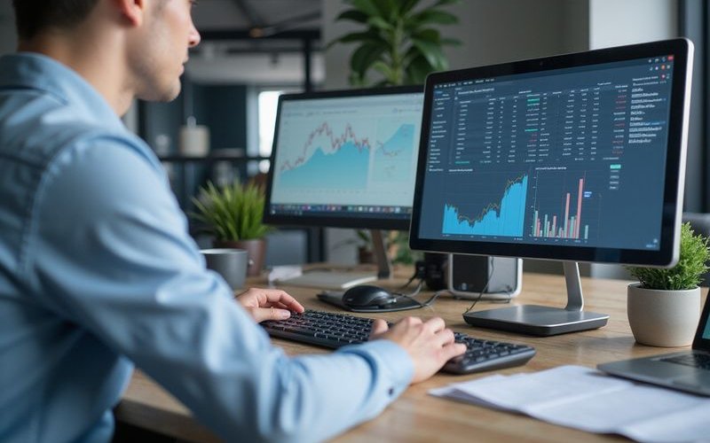 Modern office workspace with financial dashboard on monitor, organized professional environment, cle