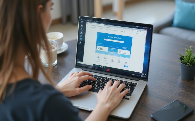 Person applying for business loan on laptop, online lending platform interface, modern digital finan