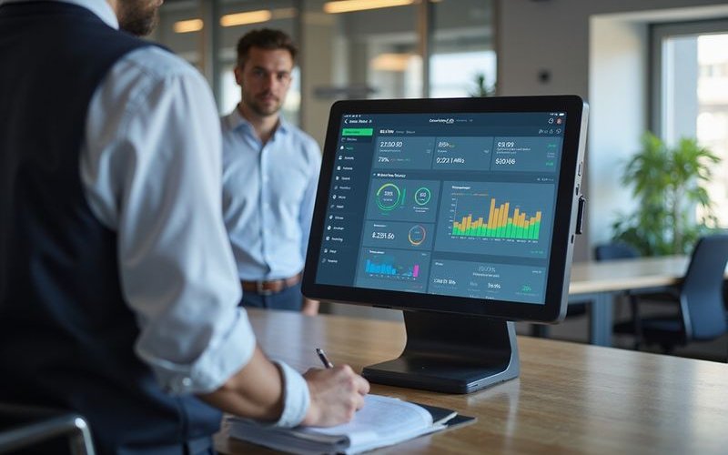 Point of sale system showing daily sales dashboard, business analytics screen displaying revenue met