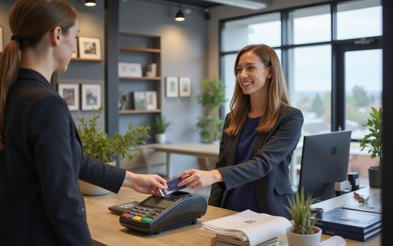 Point of sale terminal processing credit card payment, modern retail environment, clean commercial p