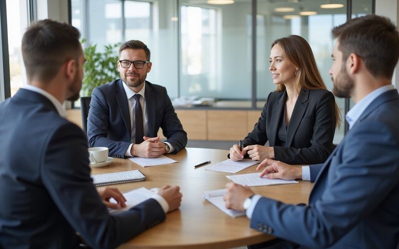 Professional business meeting discussing financing options in a Dallas corporate office, diverse tea